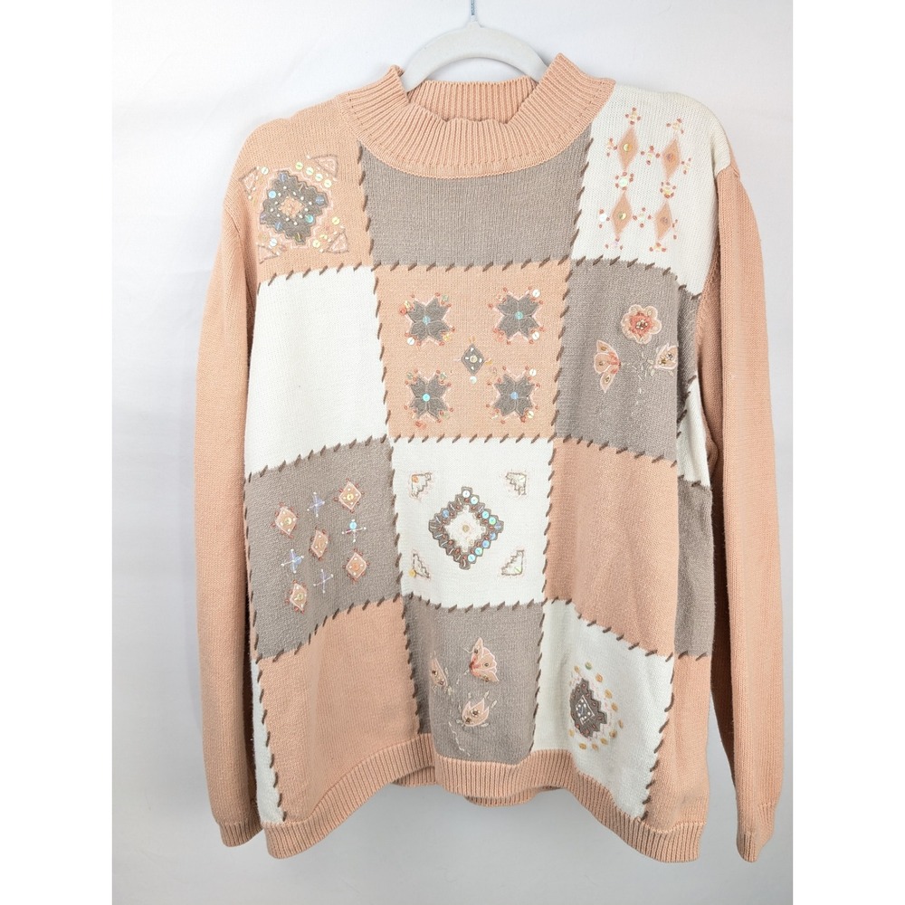 Vintage 90s Patchwork Floral Embroidered Sweater Size 2X Orange Quilted Cottage